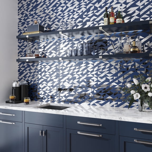 Mirari 12x12 in. Blue, Gray Glossy Glass 3D Geometric Subway Mosaic Wall Tile (4.79 sq ft/case, 5-Pack)