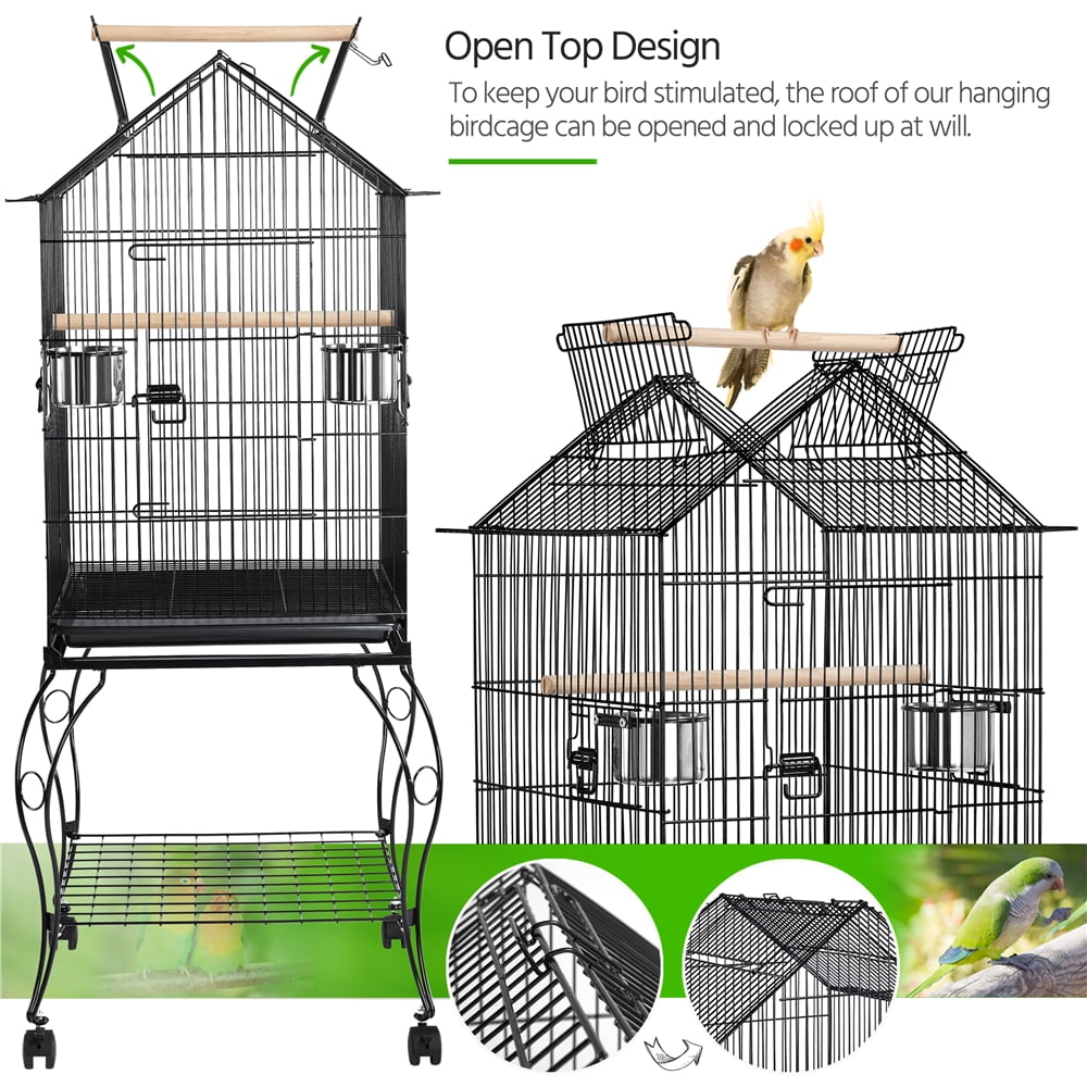 Renwick 57" Open Top Metal Parrot Cage with wheels, Black