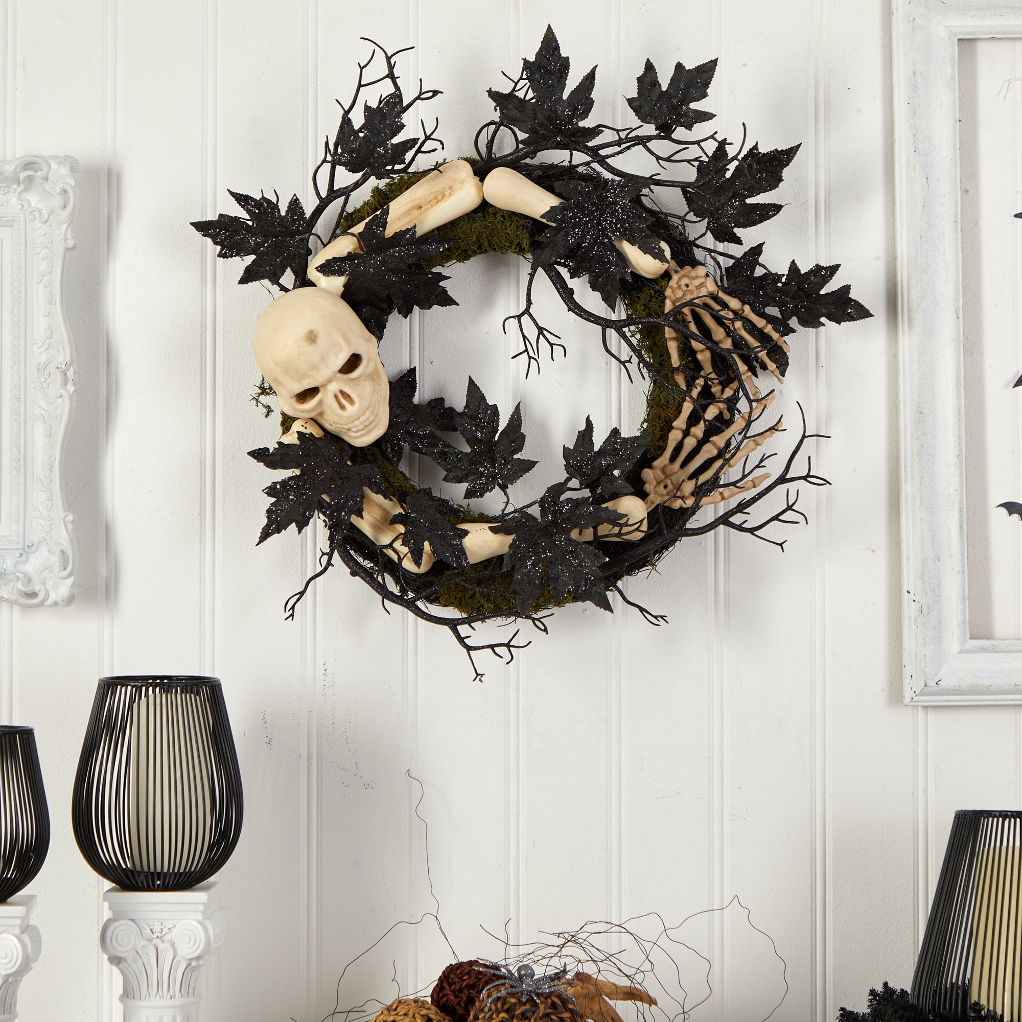 Nearly Natural 24in. Halloween Skull and Bones Wreath
