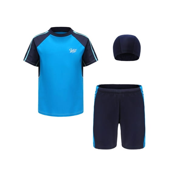 IEFIEL Kids Boys 3Pcs Swimsuit Short Sleeve Swimming T-Shirt with Shorts and Hat Surfing Rash Guard,Sizes 3-13