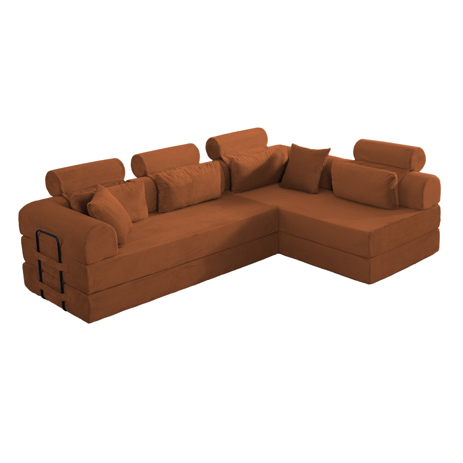 L-Shaped Sectional Sofa Converts to Bed, Corduroy Chaise Lounge with 28D High-Density Foam, No Assembly Compressed Couch for Apartments and Studios, Orange