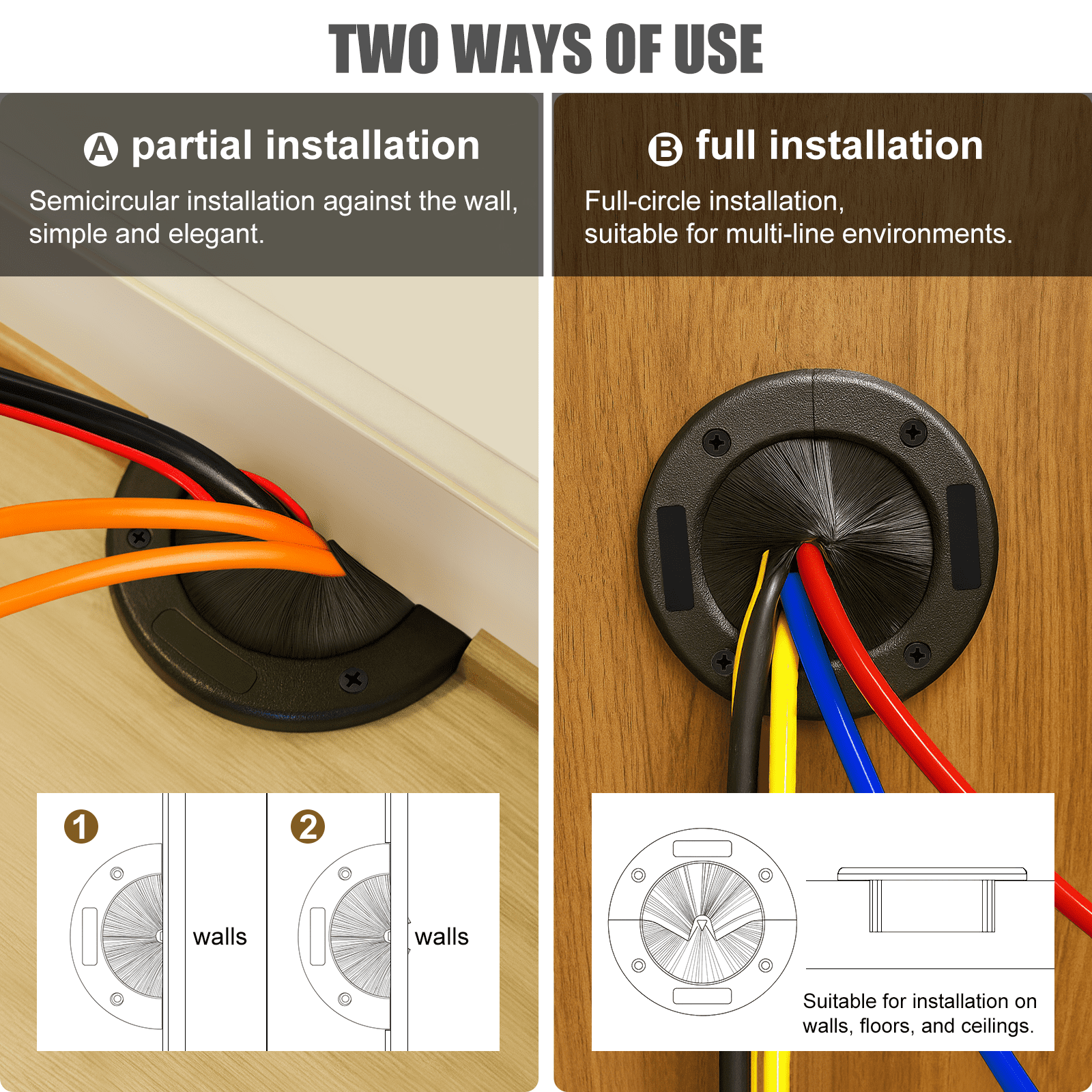 2-Pack 4-Inch Round Brush Grommet, Large Split Design Cable Pass-Through for Data Center Raised Floor & Home Wall, Airflow Optimization