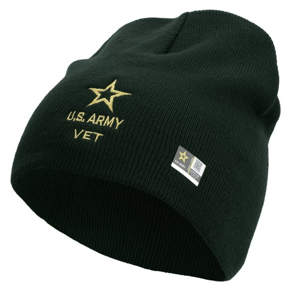 Star US Army Veteran Military Embroidered 8 Inch Knitted Short Beanie - DK Green OSFM
