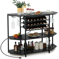 Gymax 3 Tier Wine Bar Cabinet with Storage Shelves Glass Holders Bottle Racks Gray
