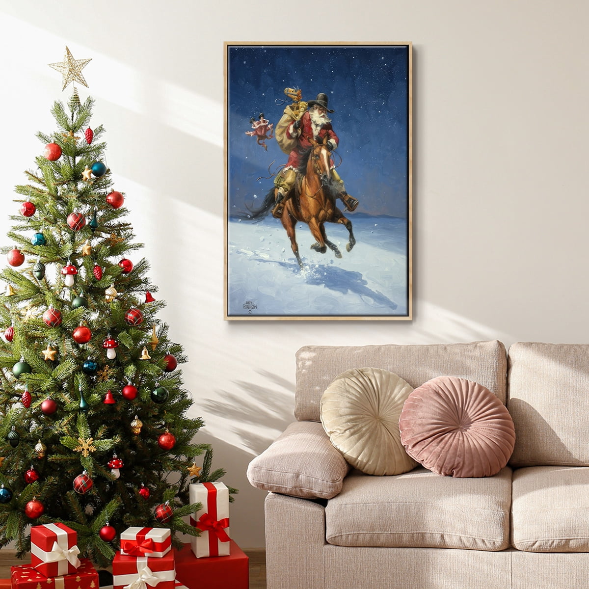 Midnight Rider - Framed Gallery Wrapped Holiday Canvas - 17 x 25 - Natural Wood Frame