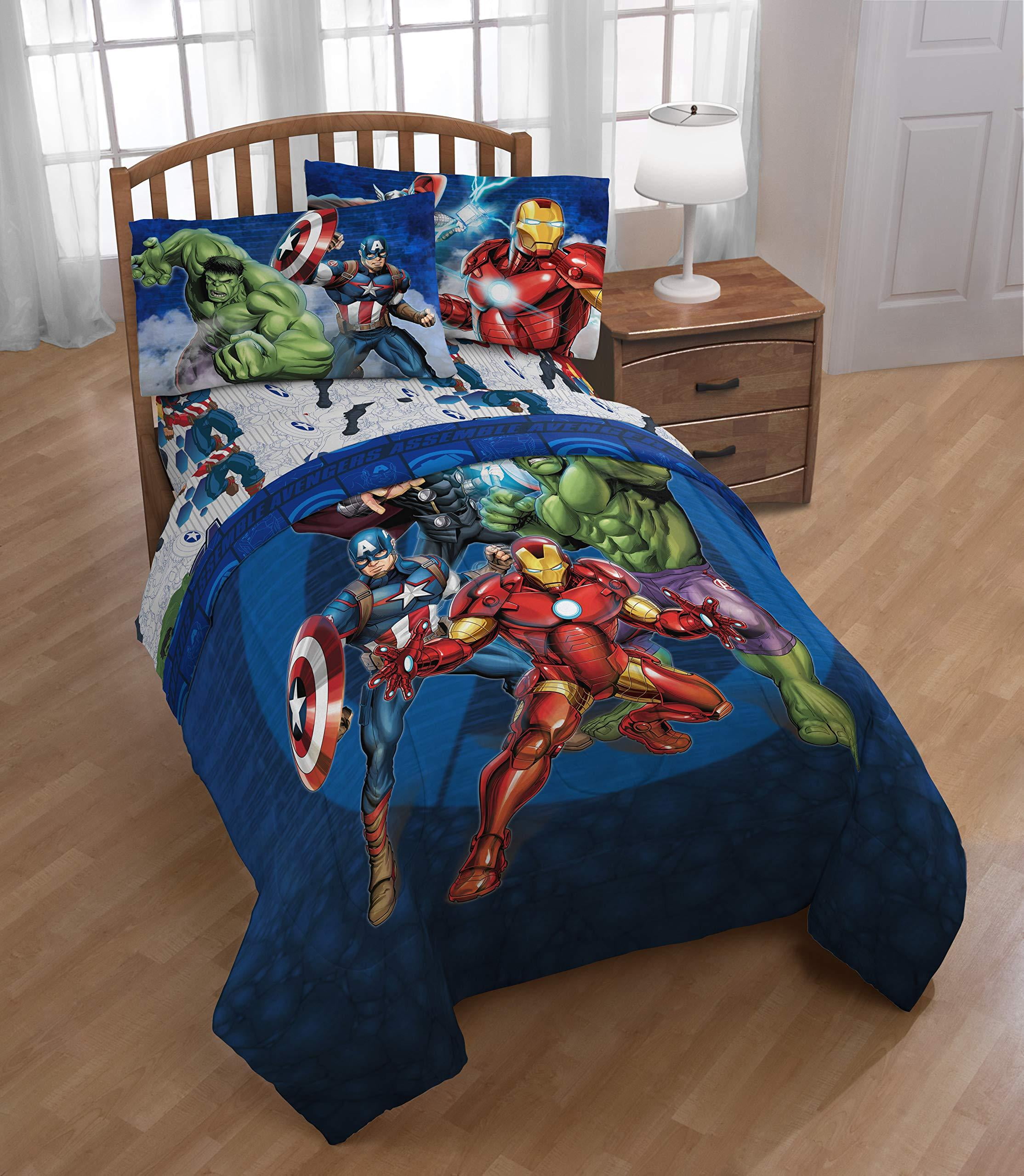 and Thor Hulk Super Soft Kids Reversible Bedding features Iron Man Official Marvel Product Captain America Marvel Avengers Assemble Full Comforter JF20584M Fade Resistant Polyester Microfiber Fill Jay Franco and Sons Inc 