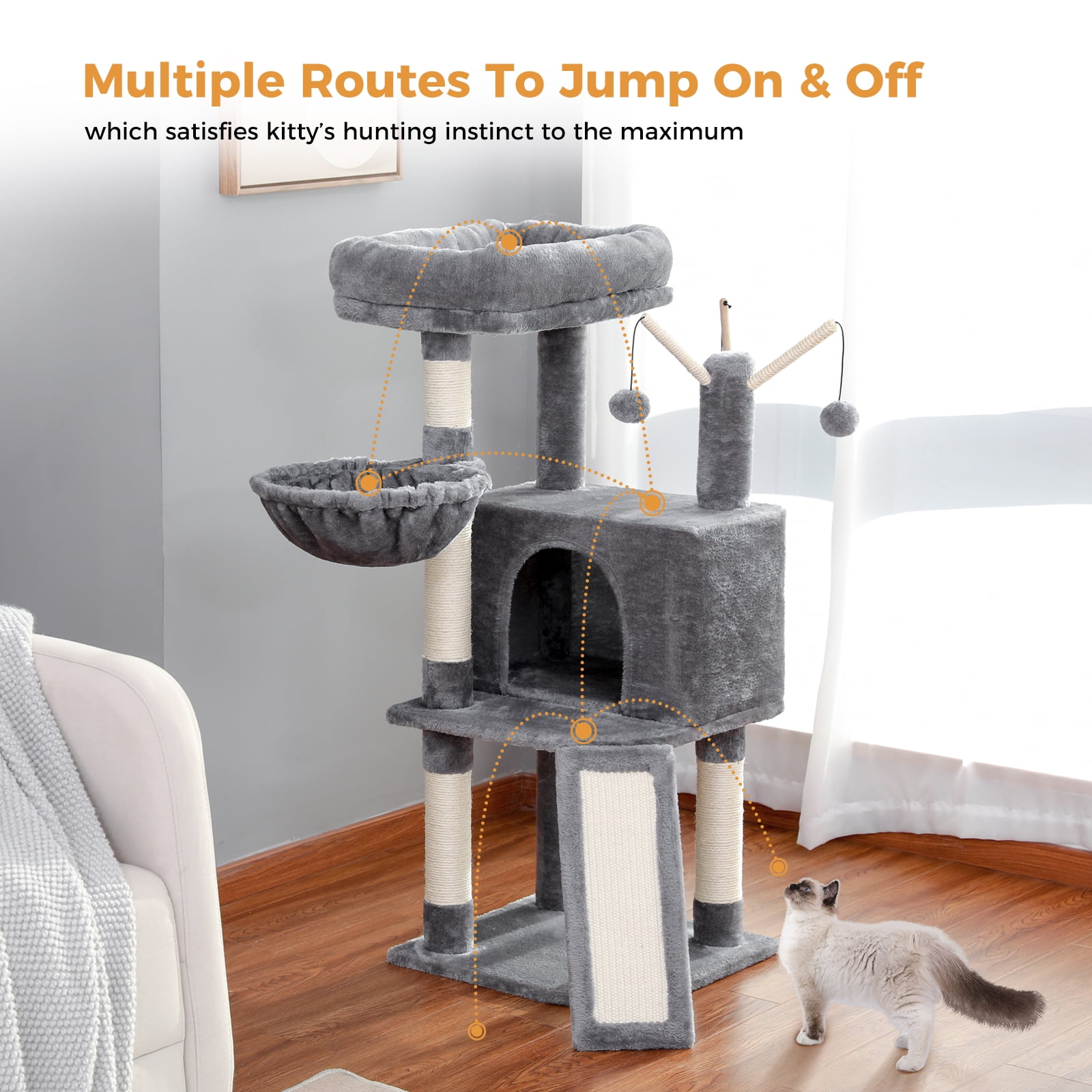 Pefilos 41" Cat Tree Tower for Indoor Cats, Multi-Level Cat Condo House with Cozy Plush Perches Cats Play House, Gray