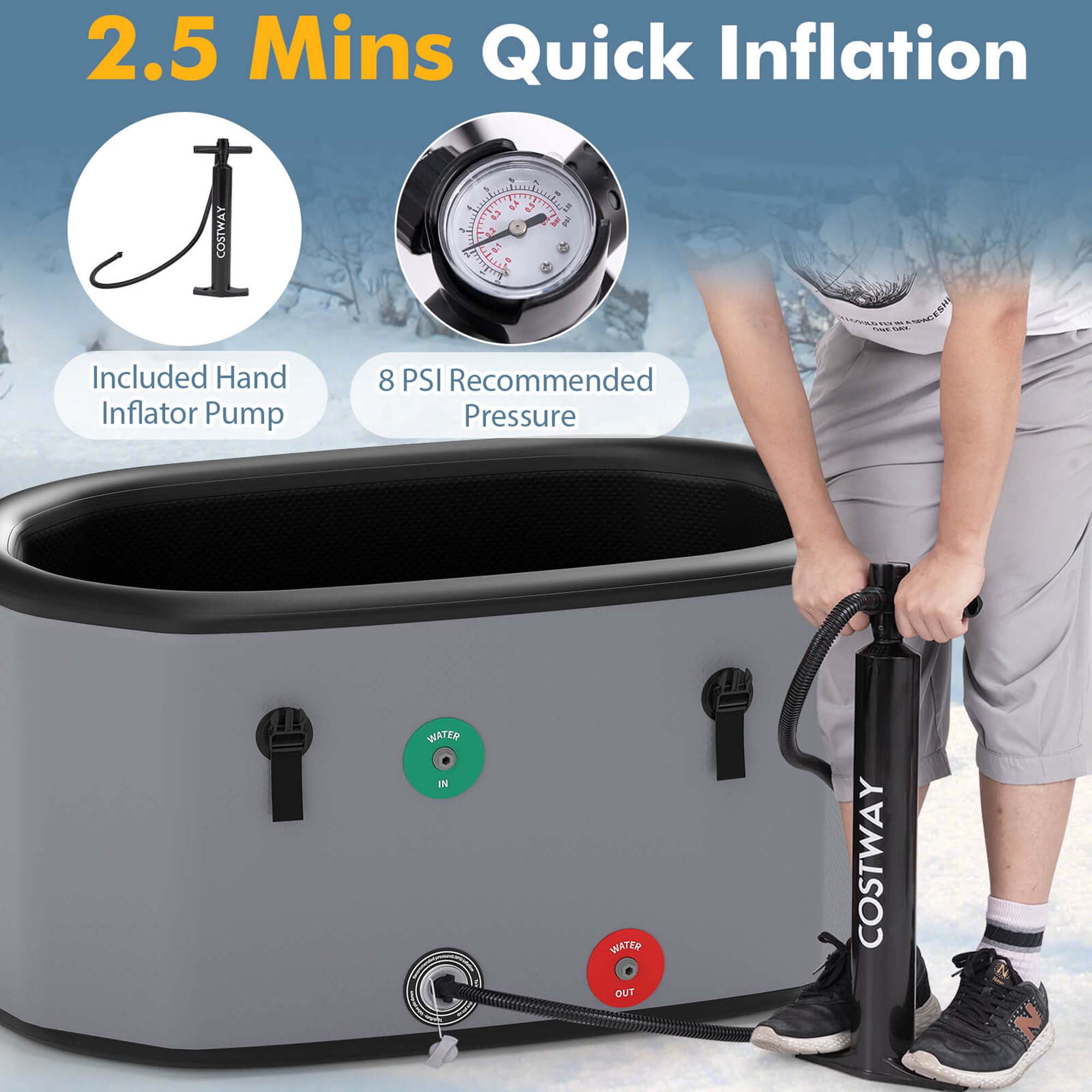 Costway XL 129 Gal Oval Ice Bath Tub for Athletes with Cover Hand Pump Backpack for Adults Gray