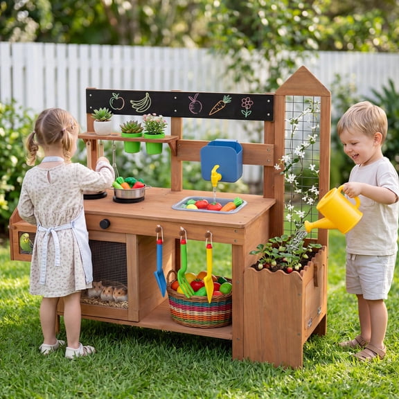 Outdoor Wooden Mud Kitchen with Planter Box and Sink for Toddlers-Natural