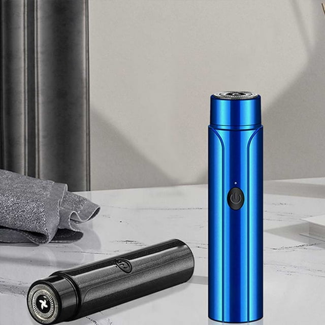 Man Mini Shaver Portable Battery Powered Rechargeable USB Rotatable Detachable LED Home Interface Handheld Rotary Home Business Travel Trimmer Clippers Blue