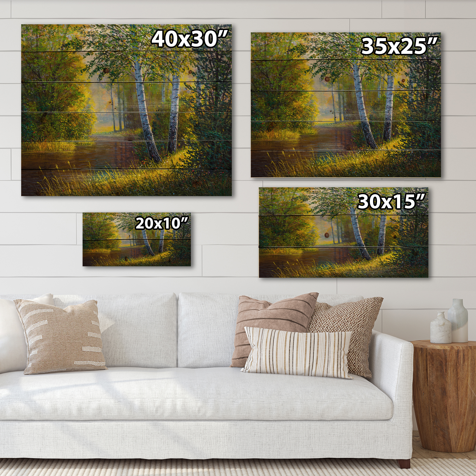 Designart 'Sunrise Glow Through The Birches II' Lake House Print on Natural Pine Wood