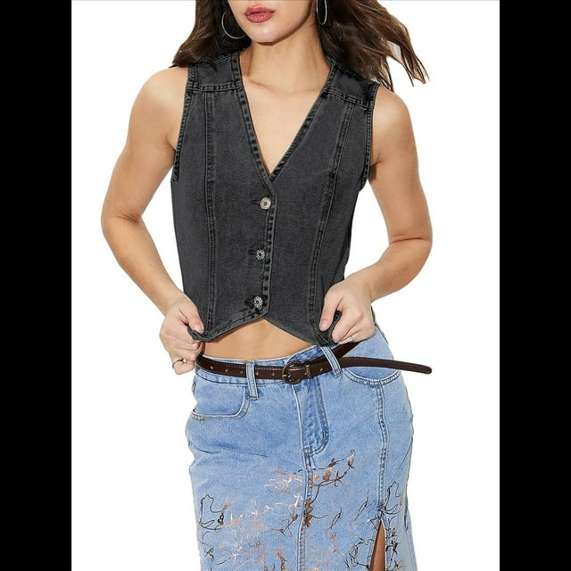 Chaleco Vaquero Sin Mangas con Cuello en V para Mujer, Chaleco Vaquero con Botones y Corte en la Parte Superior. Gris Negro S
