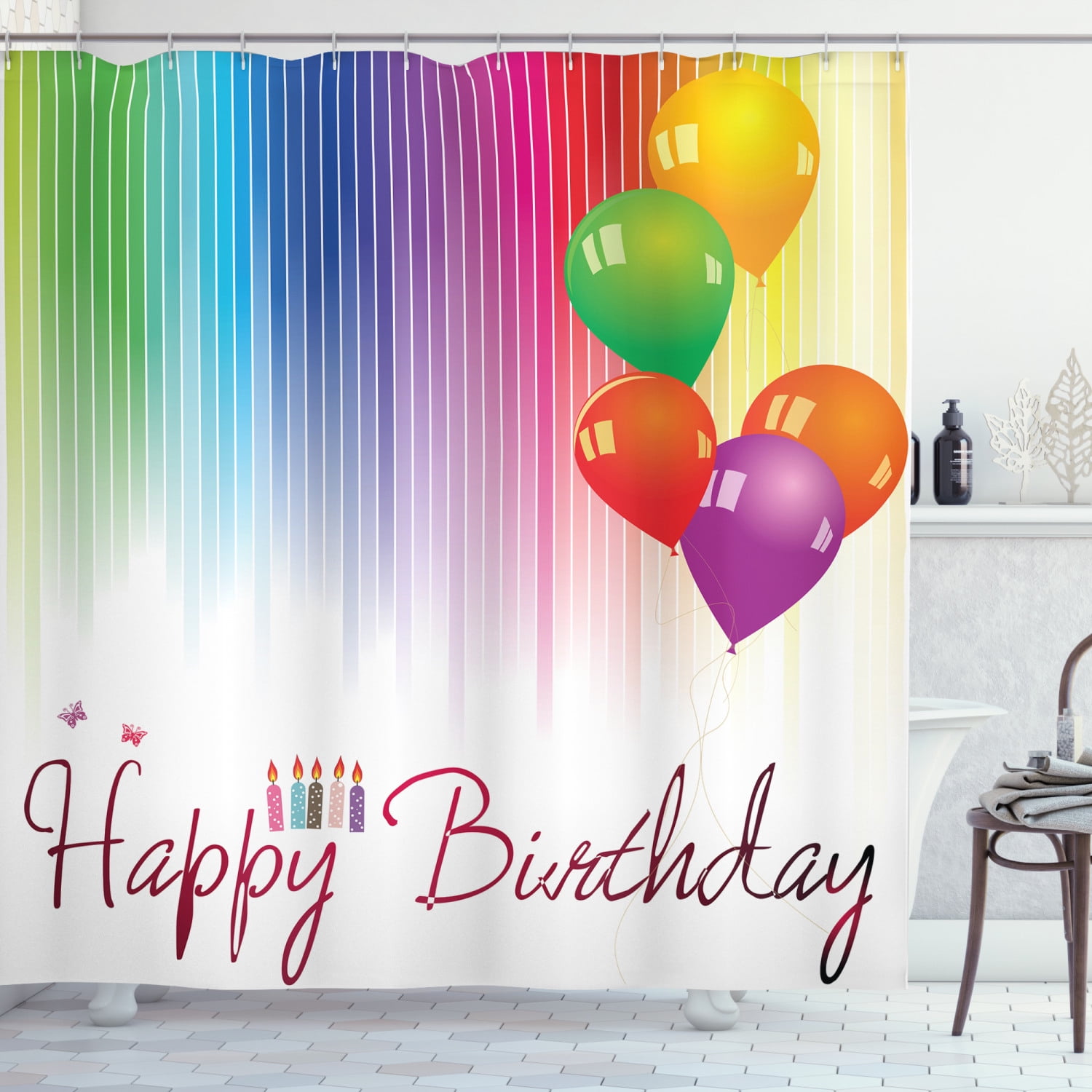 Birthday Decorations Shower Curtain, Rainbow Colored Striped Backdrop  Balloons Stylized Lettering Candles, Fabric Bathroom Set with Hooks, 69W X  84L Inches Extra Long, Multicolor, by Ambesonne 