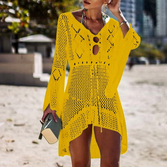 Xysaqa Swimsuit Bikini Cover Ups for Women Crochet Dresses Bathing Suit Hollow Out Long Sleeve Swimwear Tie Waist Coverup Beach Top