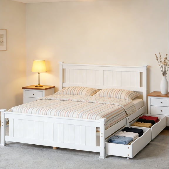 Zimtown Queen Bed Frame,Wood Platform Bed Frame with 2 Drawers, Bedroom Bed with Headboard, White