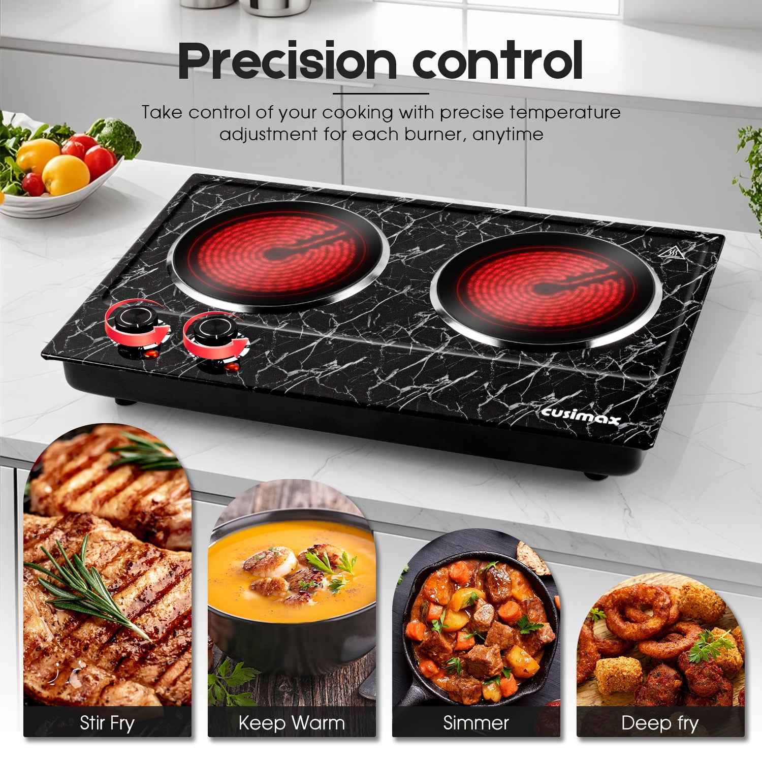 CUSIMAX 1800W Portable Ceramic Double Hot Plate – Dual Infrared Cooktop with Independent Controls, Stainless Steel & Glass Electric Burner for Countertop Cooking