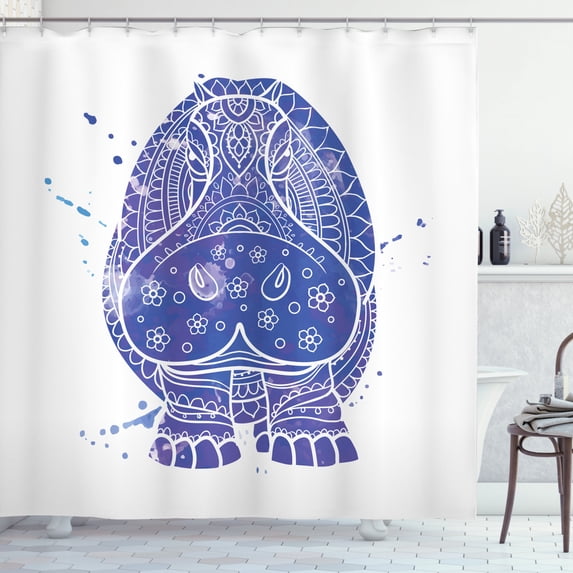 Hippo Shower Curtain, Ornamental Ombre Style Watercolor Effect on Abstract Hippo Animal Figure, Fabric Bathroom Set with Hooks, 69W X 70L Inches, Indigo Purple and White, by Ambesonne
