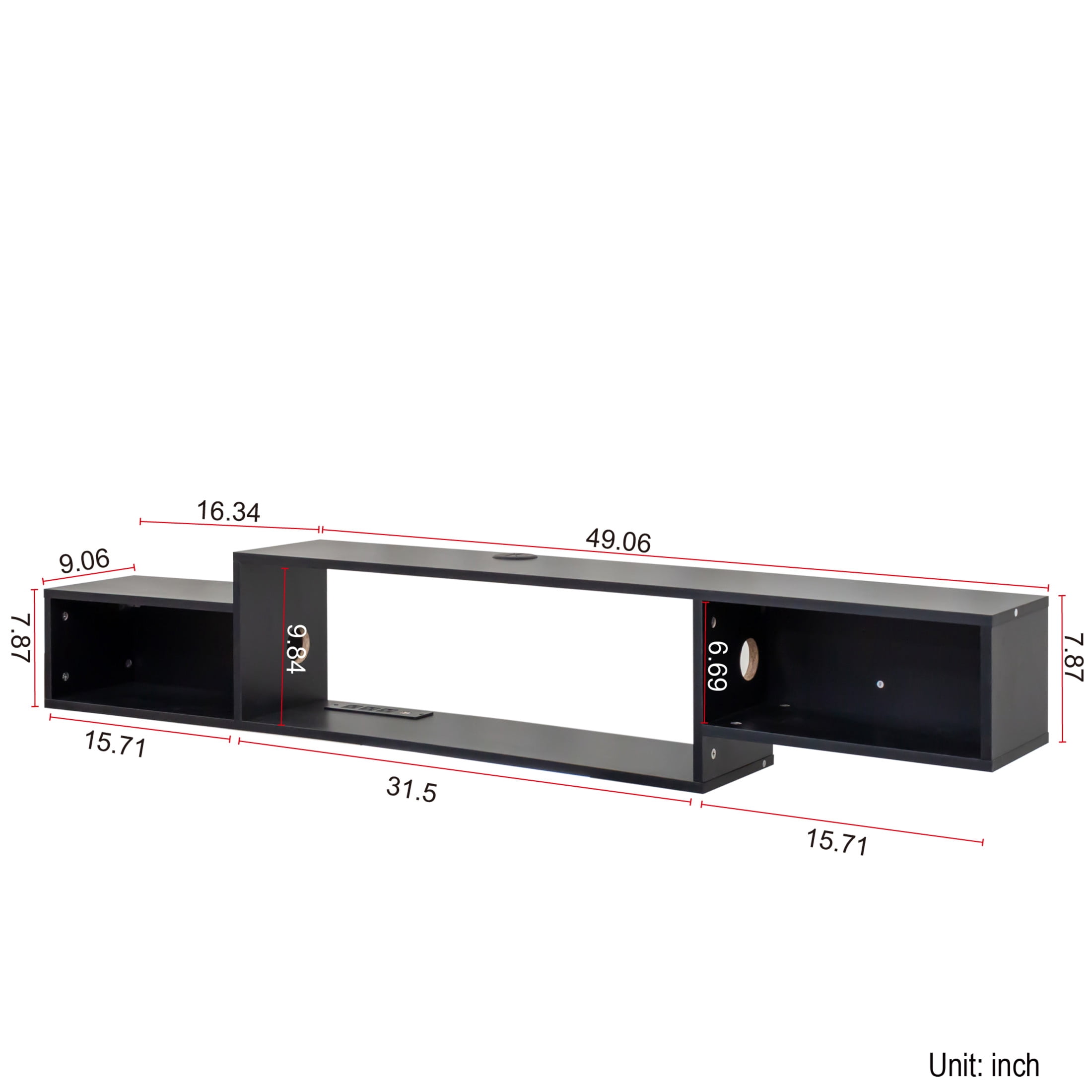 Noble House Brynn 65.35" Floating TV Stand, 20-Color LED with Remote, Charging Station, Wall-Mounted Shelf, Black