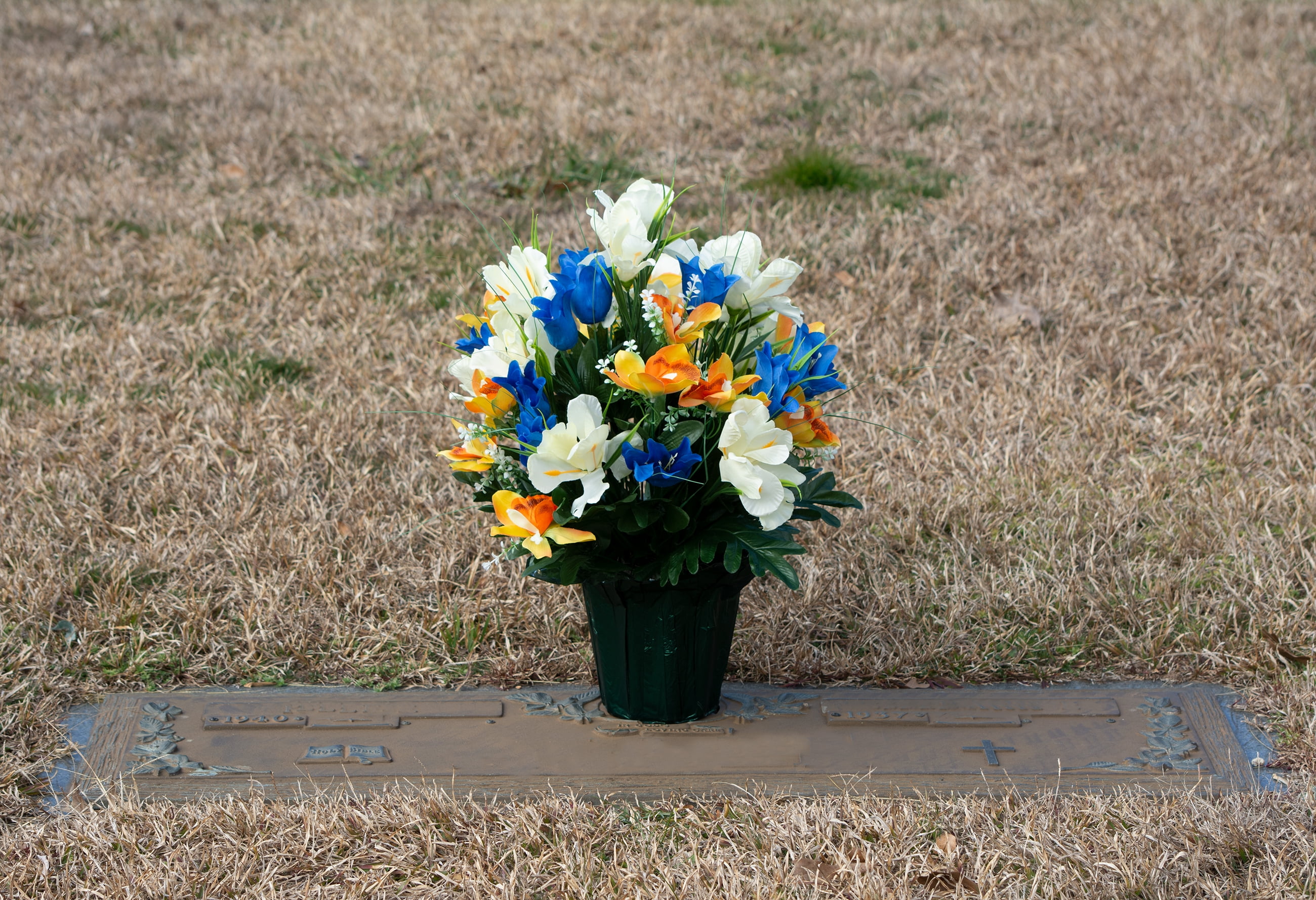 Sympathy Silks Outside Weighted Pot Silk bouquet- Artificial Blue Tulips & Yellow Iris