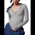 thumbnail image 3 of Camisetas Henley de Larga para Mujer, -Otoño 2025, de Punto Acanalado con Botones, Corte Entallado, Blusas Básicas Informales. Gris M, 3 of 7