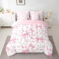 thumbnail image 2 of Homewish Girly Pink Bow-tie Bedding Comforter Set 7pcs, Kawaii Cartoon Bowknot Ribbon King Bedding Sets, Rose Flower Floral Reversible Bed Sheets, Luxury Bedroom Decor, 2 of 7
