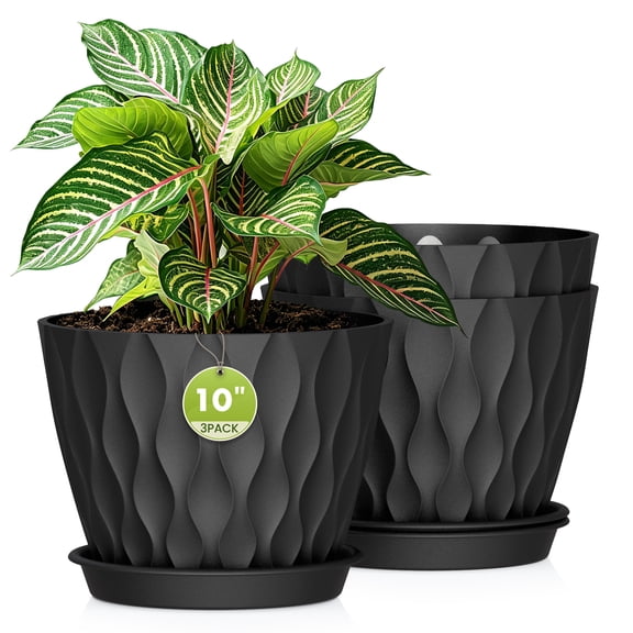 UOUZ 10" Black Plastic Plant Pots with Drainage Holes and Saucers, 3-pack