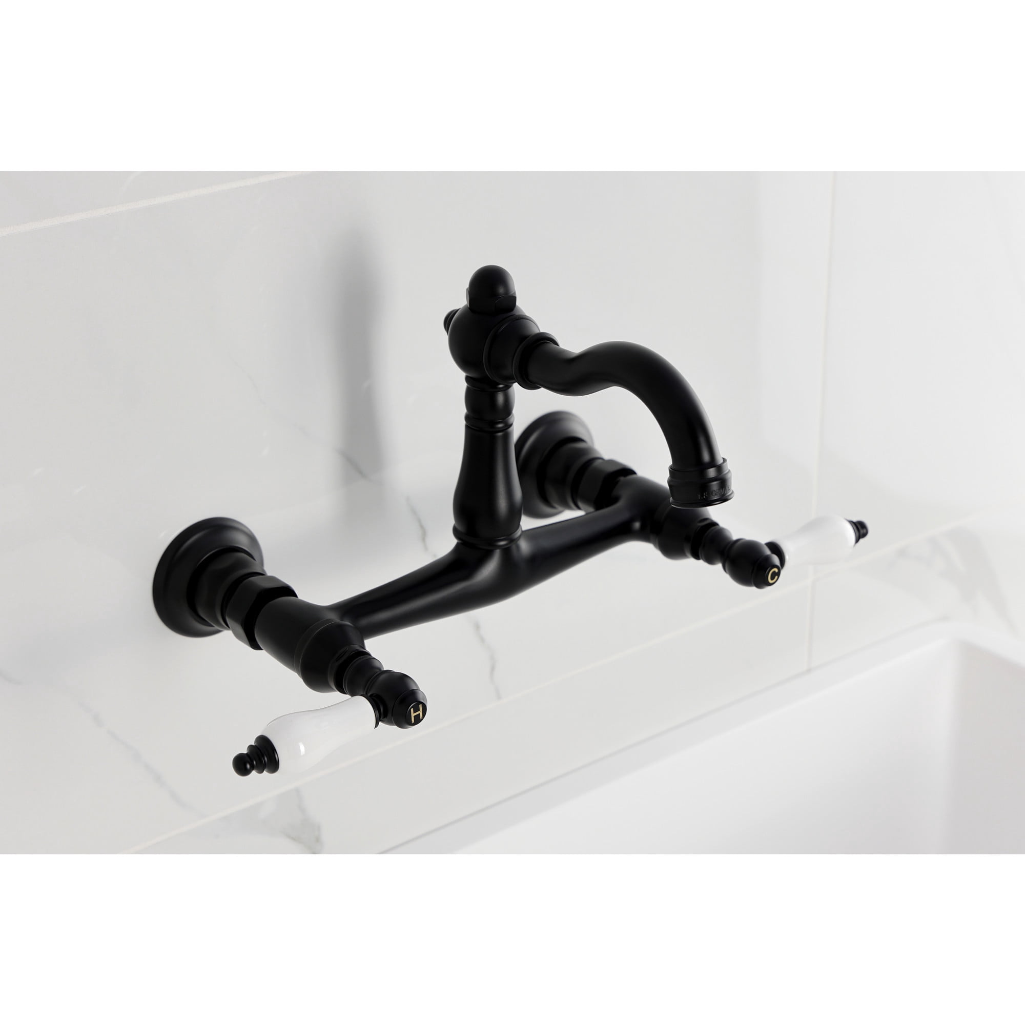 Kingston Brass KS3250PL Vintage Double-Handle Wall-Mount Bridge Kitchen Faucet, Matte Black