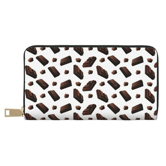 Leather Thin Slim Wallets for Women Men - Dark Brown Chocolate Print Clutch Card Wallet for Women Men with Zipper