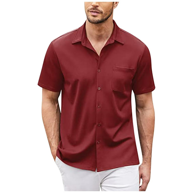 KSCYKKKD Summer Men's Casual Loose Short Sleeve Shirt Button Down Beach  Fishing Tees Spread Collar Plain Shirts Wine XXL 