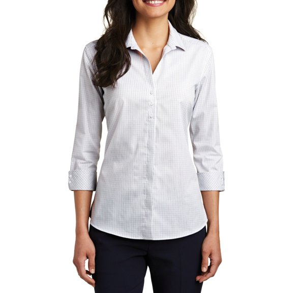 JustBlanks Womens 3 4 Sleeve Easy Care Micro Tattersall Shirt Cotton Polyester Blend with Open Collar