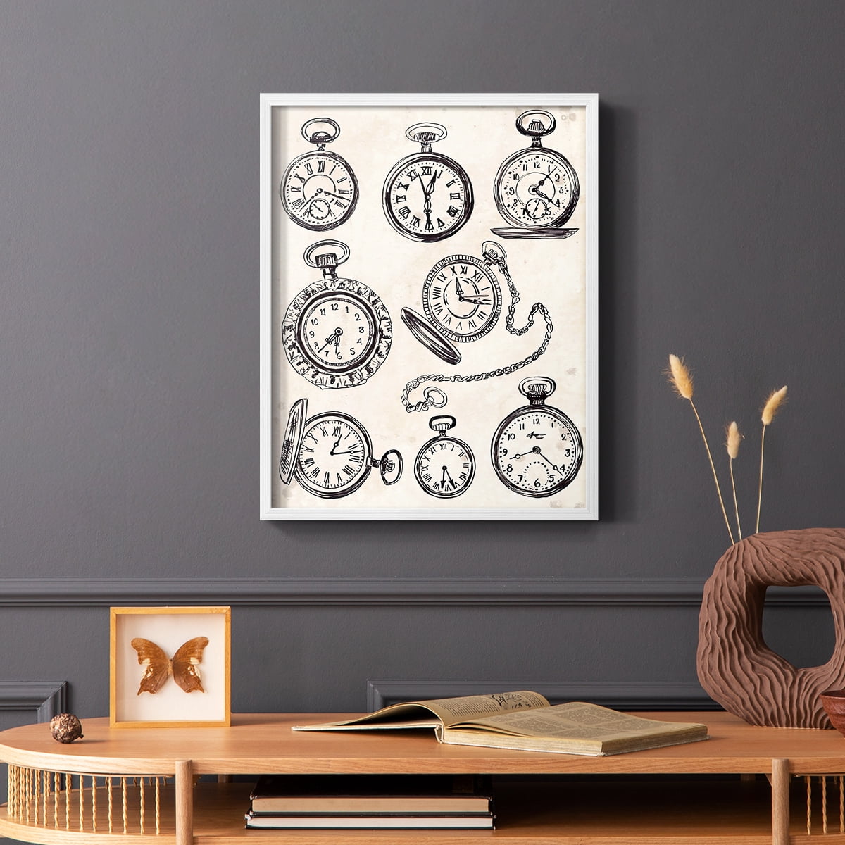 Pocket Watch Sketches I in White Solid Wood 8 x 10 Framed Print