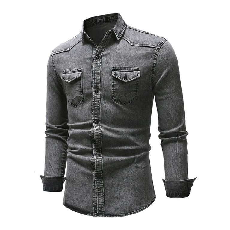 Mens Button Down Denim Shirt Long Sleeve Lapel Jean Shirt Casual Slim Fit  Washed Denim Shirts with Chest Pockets Black Small