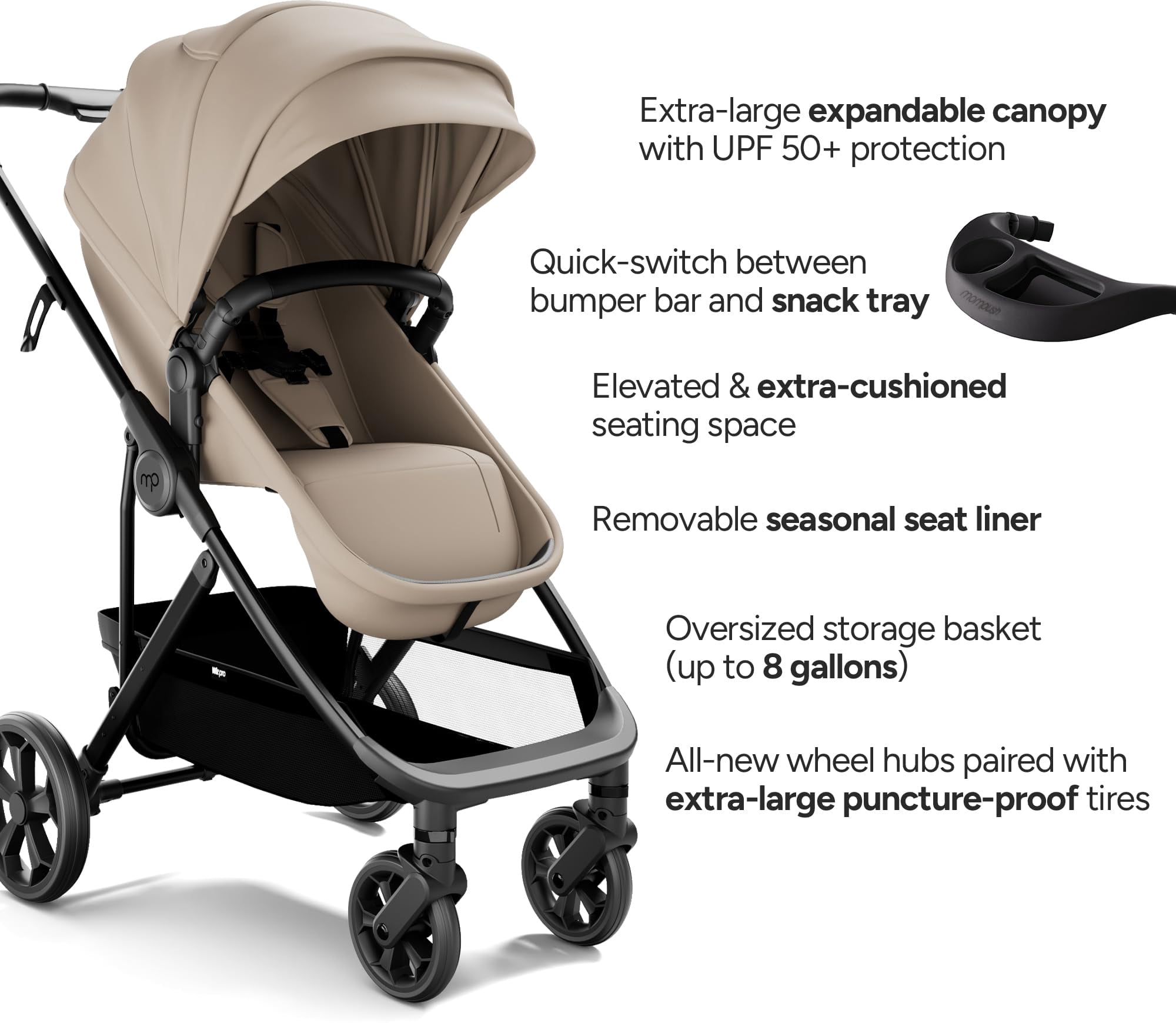 Mompush Wiz Pro 2-in-1 Baby Stroller with Bassinet Mode, Full-Size All-Terrain Premium Stroller from Newborn to Toddler, Khaki, 23.8LB, Unisex
