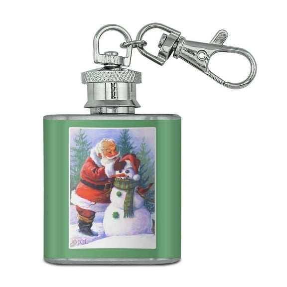 Christmas Holiday Santa Making Building Snowman Stainless Steel 1oz Mini Flask Key Chain