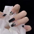 thumbnail image 1 of 24 Uds uñas postizas acrílicas artificiales con diseños de perlas de lazo negro, uñas postizas cuadradas de longitud media, cubierta completa reutilizable, 1 of 5