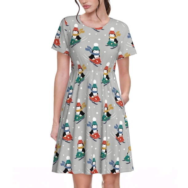 Easygdp Skiing penguin para Vestido Transpirable de Mujer, Vestido Suelto de Manga Corta con Pliegues y Bolsillos para el Verano