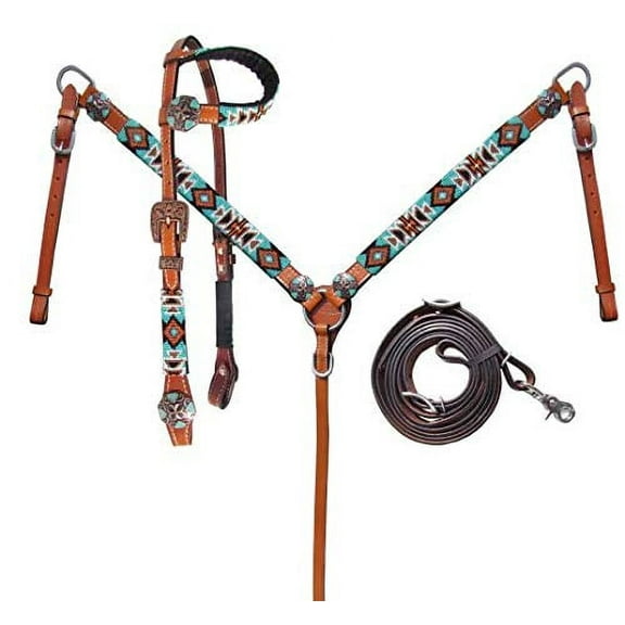 Showman Turquoise & Orange Beaded Aztec Leather Headstall & Breast Collar Set