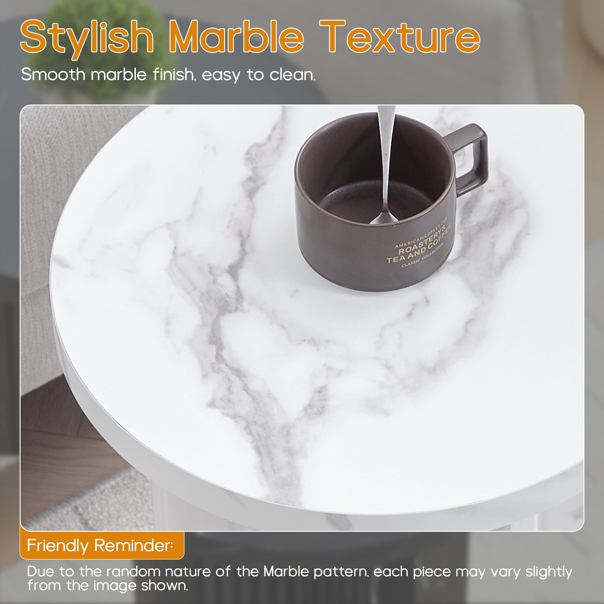 YOCWO Round Small End Tables for Living Room with Wave Base, Mordern MDF Side Table for Bedroom Small Space with Marble Veneer Finish, White