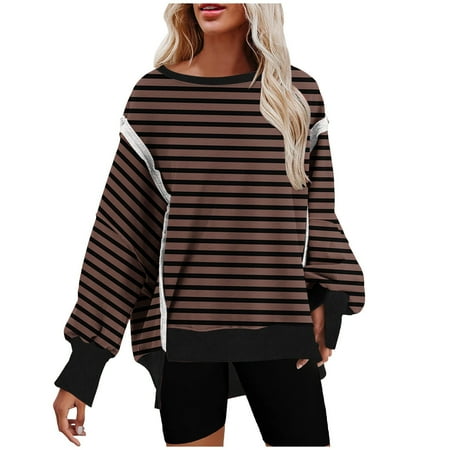 Ecqkame Womens Crewneck Oversized Sweatshirt Casual Striped Sweater Long Sleeved Pullover Fall Shirts A-Brown XXL
