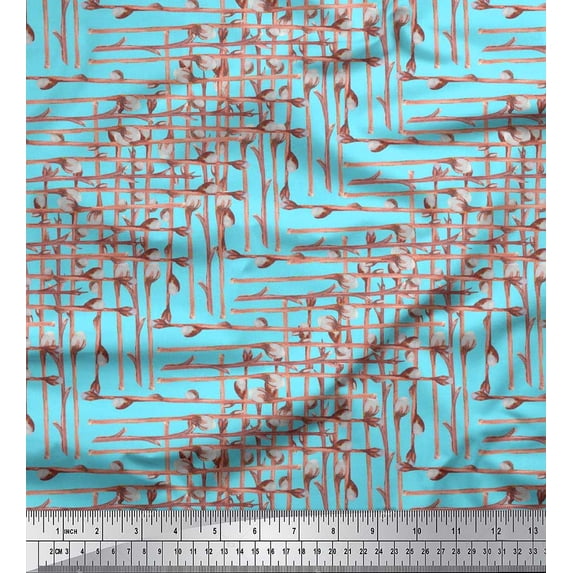 Soimoi Blue Heavy Satin Fabric Cotton Ball Floral Print Sewing Fabric Yard 54 Inch Wide