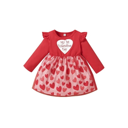 

wybzd Newborn Baby Girl Long Sleeve Heart Pattern Patchwork Tulle Party Dress Outfits Valentina s Clothes Red 0-6 Months
