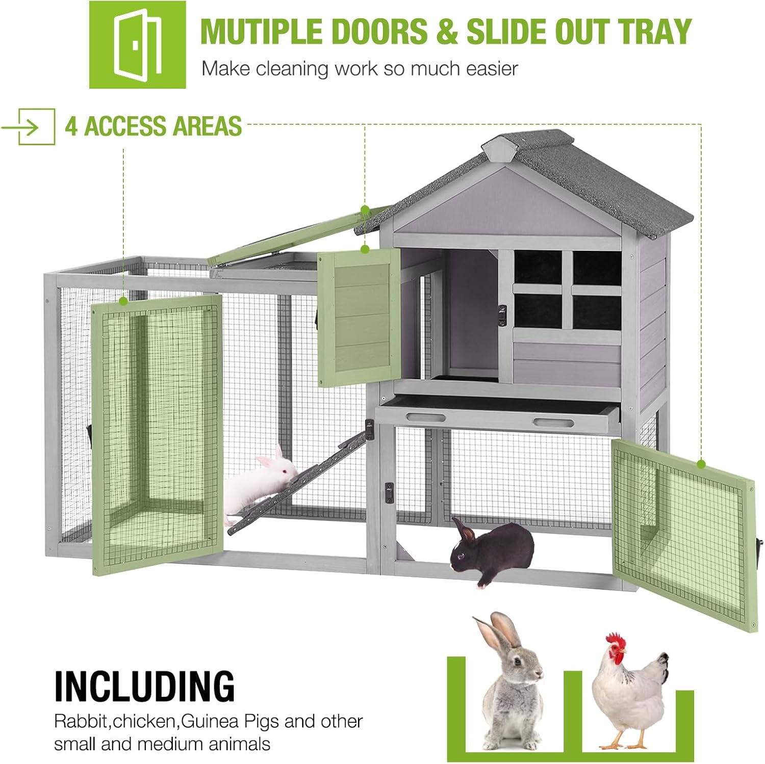 BUTINGLALE 51.6" L Chicken coop Outdoor Rabbit Hutch Indoor Bunny Cage Expandable Duck House(Grey)
