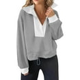 thumbnail image 2 of safuny Womens Cropped Oversized Sweatshirt Casual Lapel V Neck Long Sleeve Hem Drawstring Loose Fall Pullover Tops Gray _i L, 2 of 7