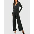 thumbnail image 3 of Biekopu Women’s Sparkly Wrap Jumpsuits Long Sleeve V Neck Solid Color Rompers Long Pants with Belt, 3 of 5