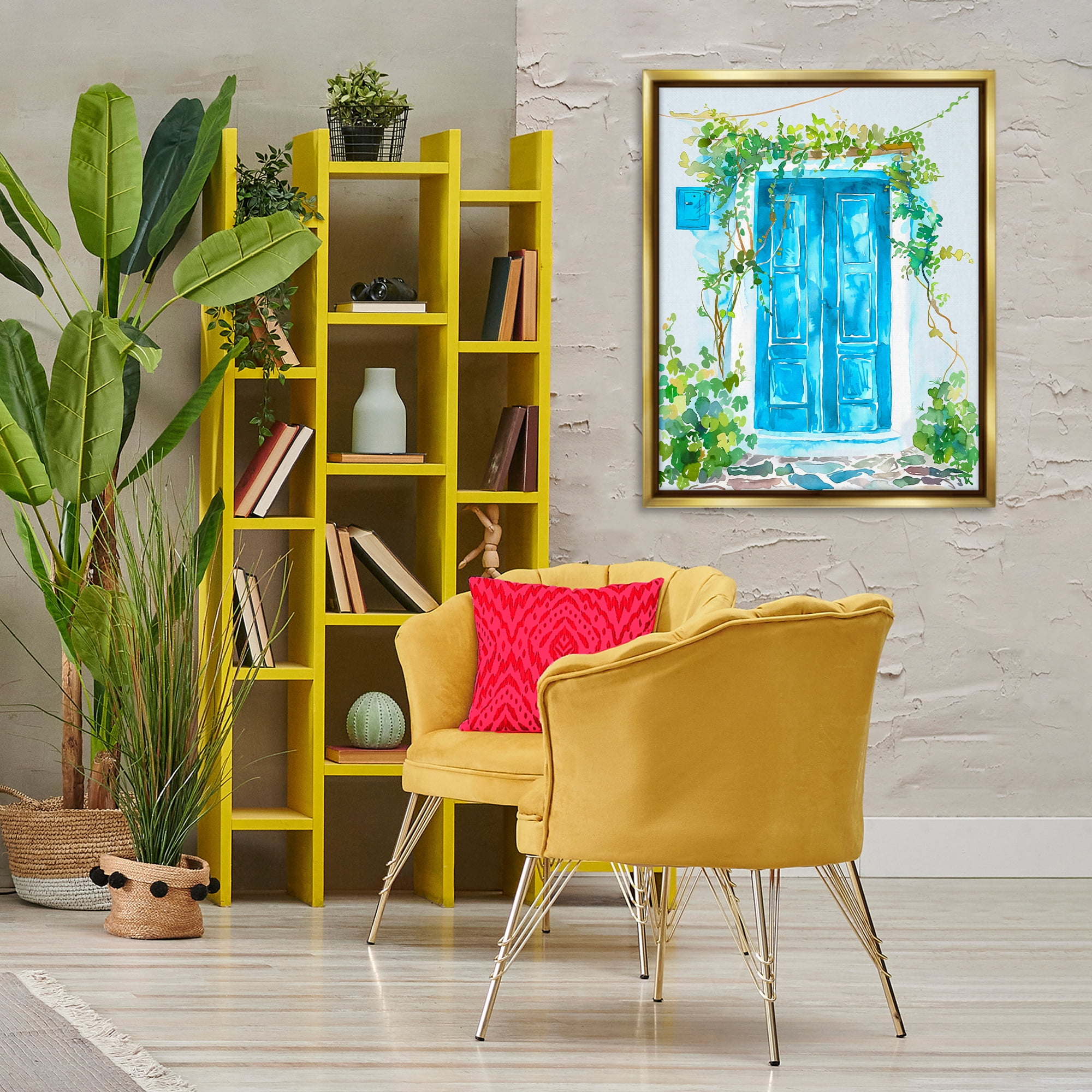 Stupell Industries Blue Vine Covered Door Scenery Painting Gold Floater Framed Art Print Wall Art, 25 x 31