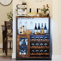 3-Tier Wine Bar Cabinet with LED Lights, Detachable Wine Rack and Storage Space, Buffet Cabinet with Glass Holder and Mesh Door, for Kitchen, Living Room and Bar.