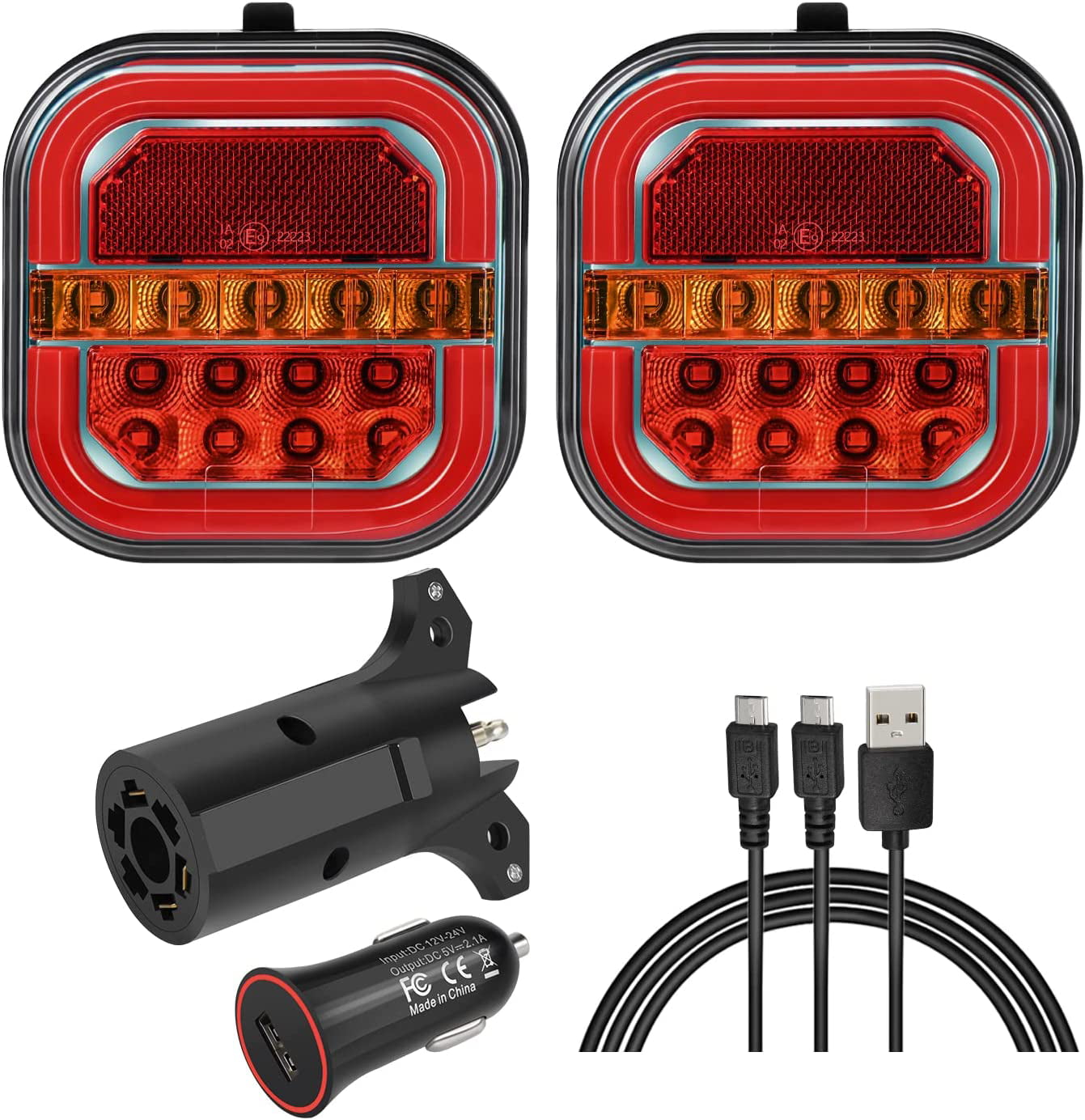 Weather-Proof Trailer Plug 24V to 12V Transformer LED Tow Lights with Magnetic Base- 30' Cable 