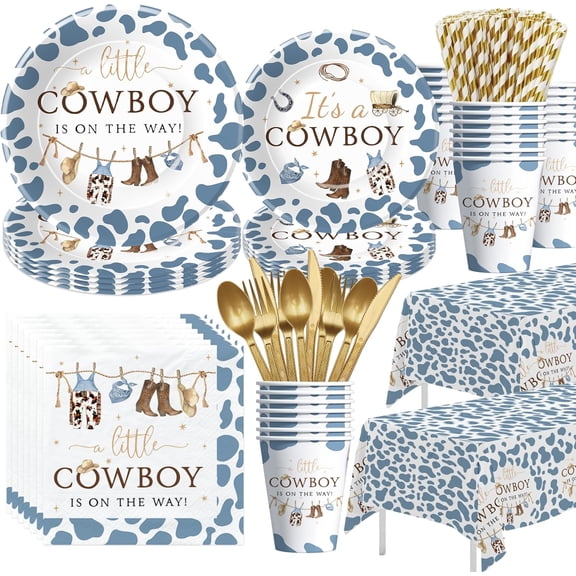 Western Cowboy Baby Shower Decorations Tableware - Wild West Rodeo Little Cowboy Baby Boy Table Decorations Party Supplies, Paper Plate, Cup, Napkin, Tablecloth, Cutlery | Serves 24