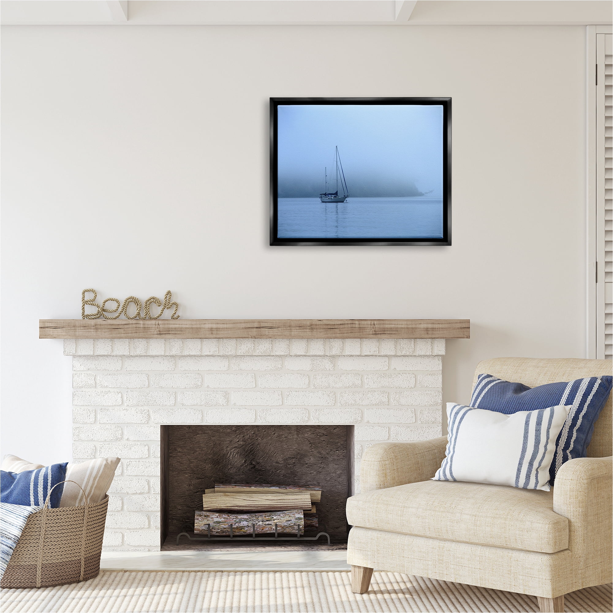 Stupell Industries Foggy Boat Sailing Landscape Photography Black Floater Framed Canvas Art Print Wall Art, 31 x 25