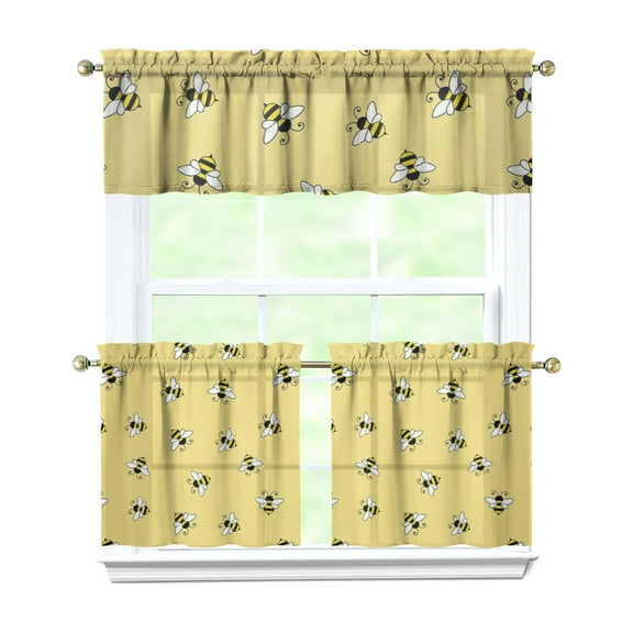 Kitchen Curtains 24 Inch Short - 3 Panel Set with Cute Bumble Bee and Honeycomb Print, Rod Pocket Window Curtain, 100% Polyester for Bee Lovers, Farmhouse, Kitchen, Living Room, Easy Wash